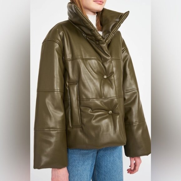 NWT En Saison Lana Vegan Leather Puffer Jacket Olive - Picture 2 of 4